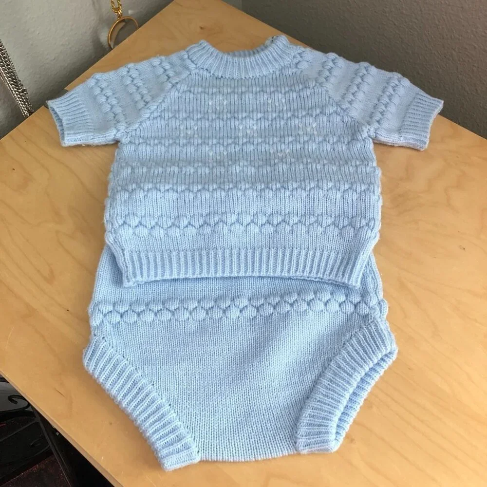 Vintage 60s Bubble Knit Sweater Set Boys 9  12M Blue White Top Bloomers Sock NEW